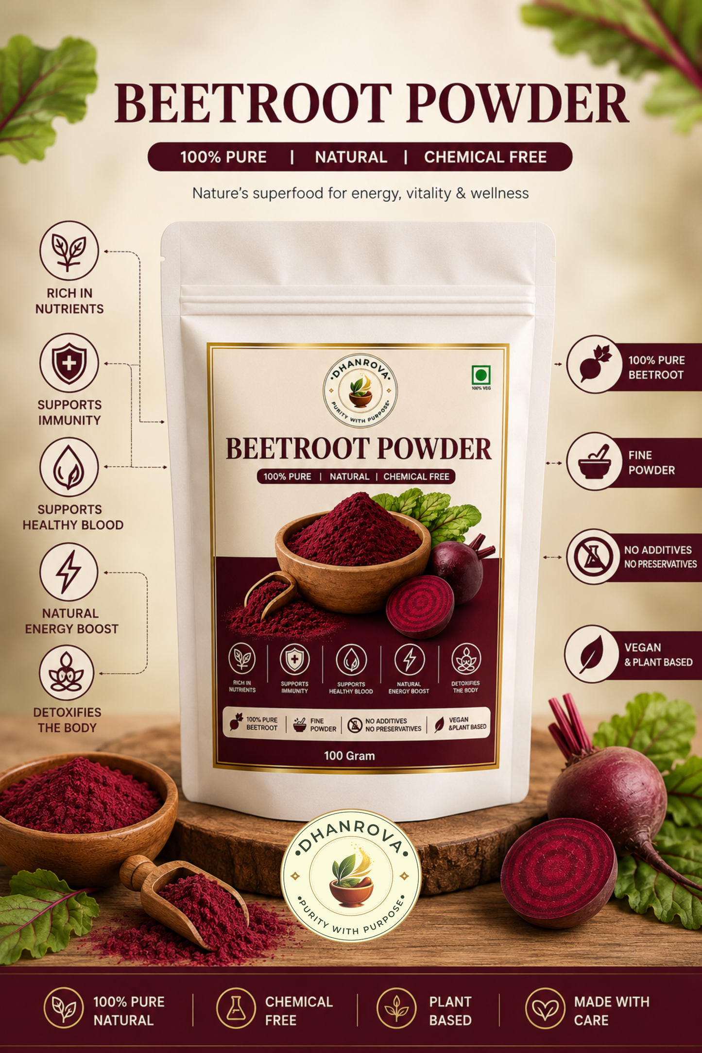 DHANROVA Natural Beetroot Powder | 100% Pure | 100g