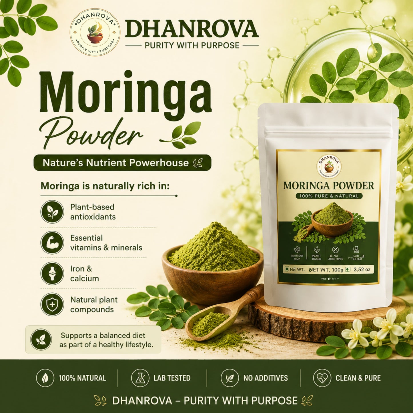 DHANROVA Organic Moringa Powder | 100% Pure | 100g