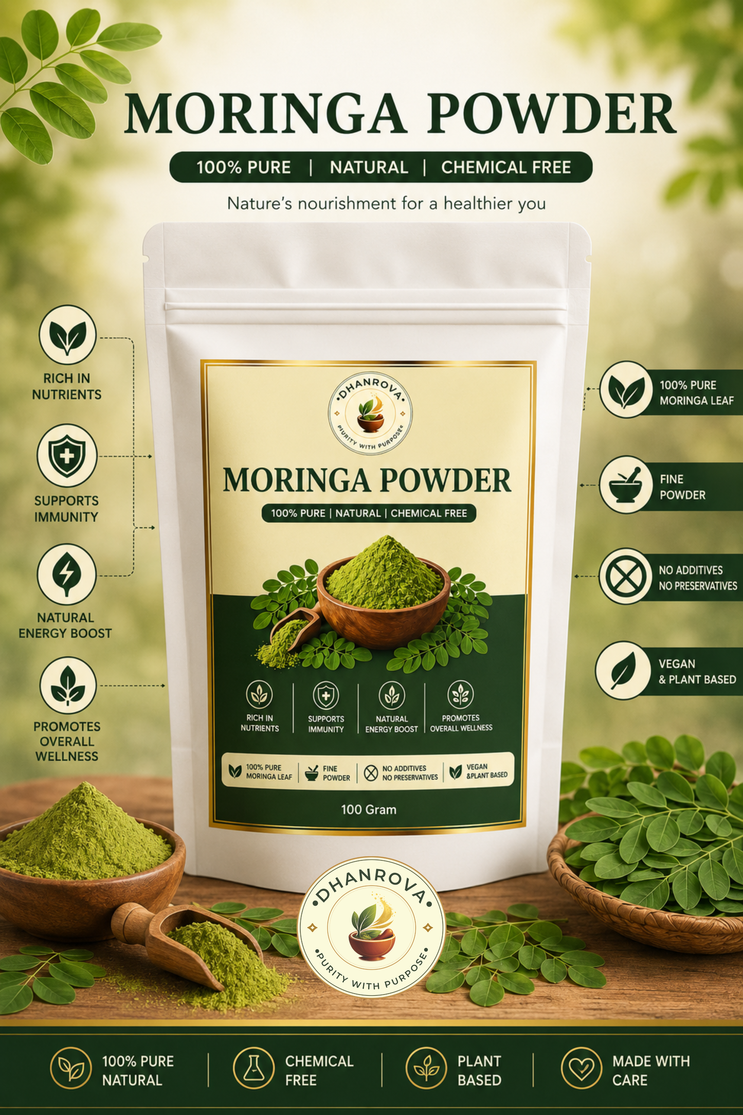 DHANROVA Organic Moringa Powder | 100% Pure | 100g