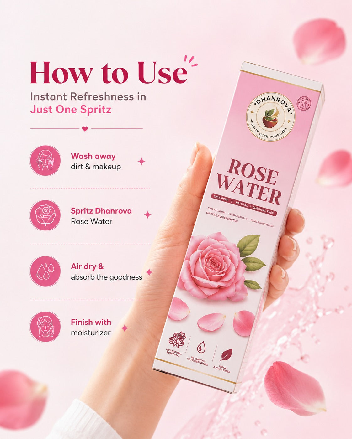DHANROVA 100% Pure Rose Water | Steam-Distilled Face Toner & Mist | 100ml